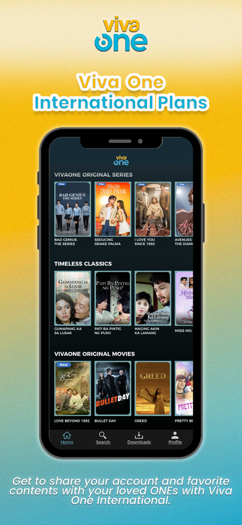 Viva One - Interface de l'application mobile Viva One pour les plans internationaux montrant des catégories de films et de séries philippines