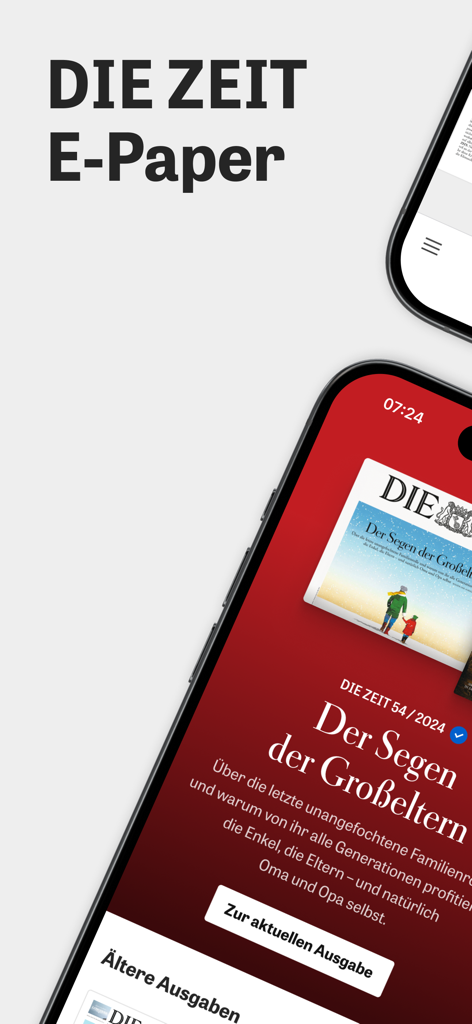L'application DIE ZEIT E-Paper affiche la dernière édition du journal sur l'écran d'un smartphone.