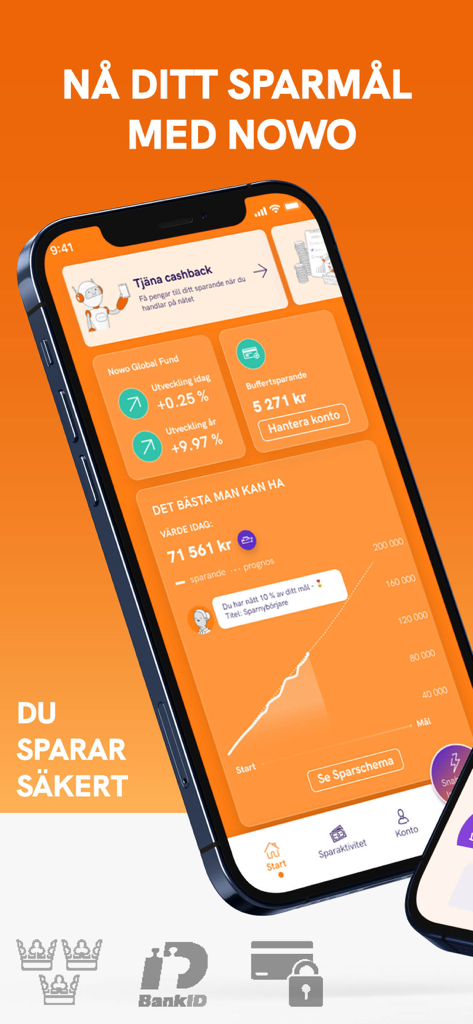 Un smartphone que muestra el panel de la aplicación NOWO con metas de ahorro y rendimiento de inversiones