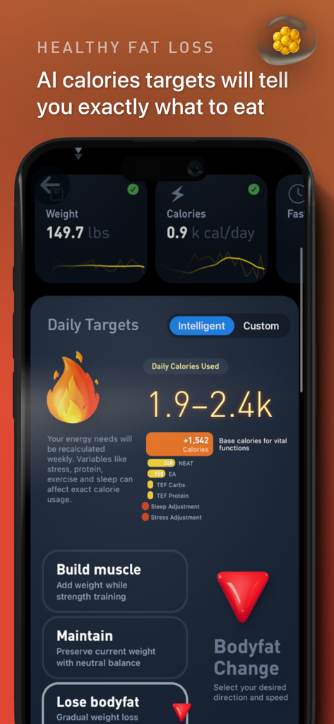 Gyroscope - Gyroscope app interface displaying AI calorie targets and bodyfat loss progress