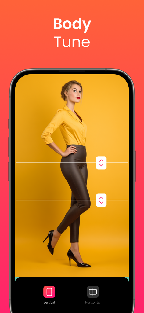 Retouch AI - Remove Objects - 신체 비율을 조정하기 위한 수직 및 수평 늘리기 도구가 있는 신체 조정 기능의 모바일 앱 인터페이스
