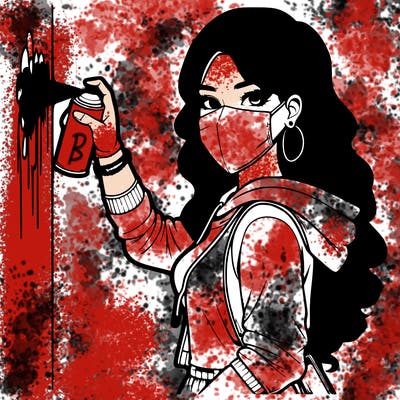 realistic girl with mask spray painting a wall