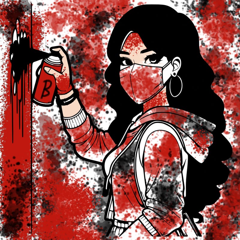 realistic girl with mask spray painting a wall