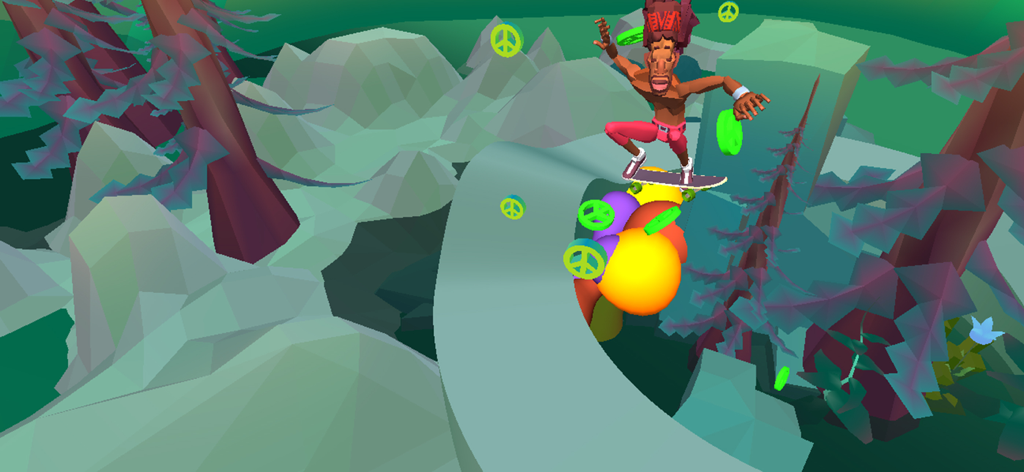 Hippy Skate - Um personagem 3D realizando um ollie em um skate em um mundo psicodélico low-poly cheio de sinais de paz flutuantes.