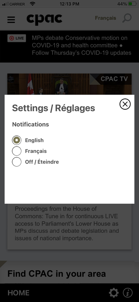 CPAC TV 2 GO app settings popup showing notification language options for English and French.