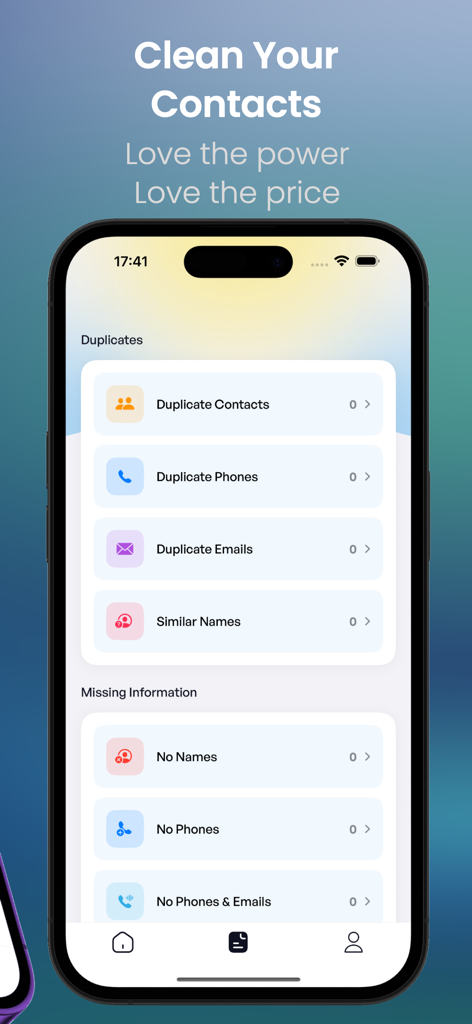 Contacts Backup for VCF Excel - A smartphone screen displaying the app's cleanup interface for deleting duplicate contacts, phone numbers, and emails.