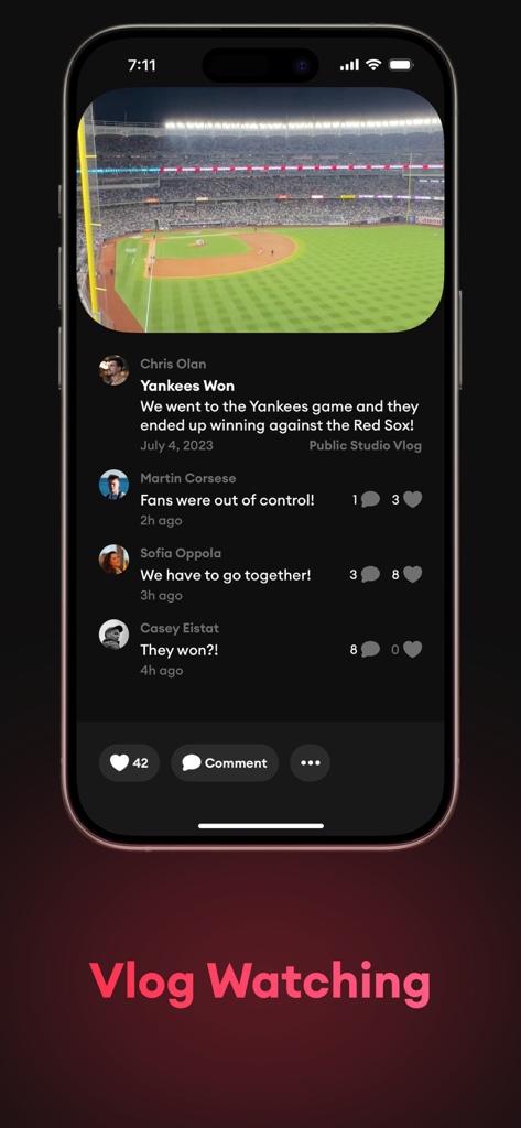 소셜 댓글 및 상호 작용 버튼이 있는 야구 경기 브이로그를 보여주는 캠코드 앱 인터페이스 스크린샷.