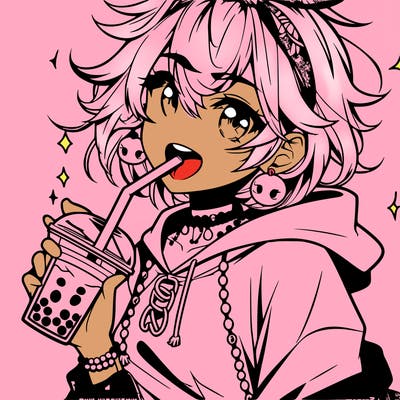 hot baddie anime girl drinking boba and biting the straw