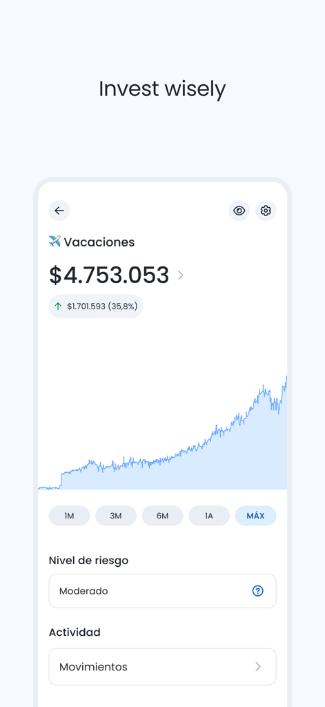 Fintual: Invierte y ahorra - Fintual App-Oberfläche zeigt den Investitionsfortschritt und ein Wachstumsdiagramm für ein Urlaubs-Ziel