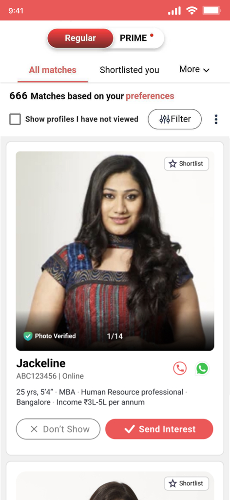 ChristianMatrimony - Profile of a professional woman on the ChristianMatrimony app with match details and interest options