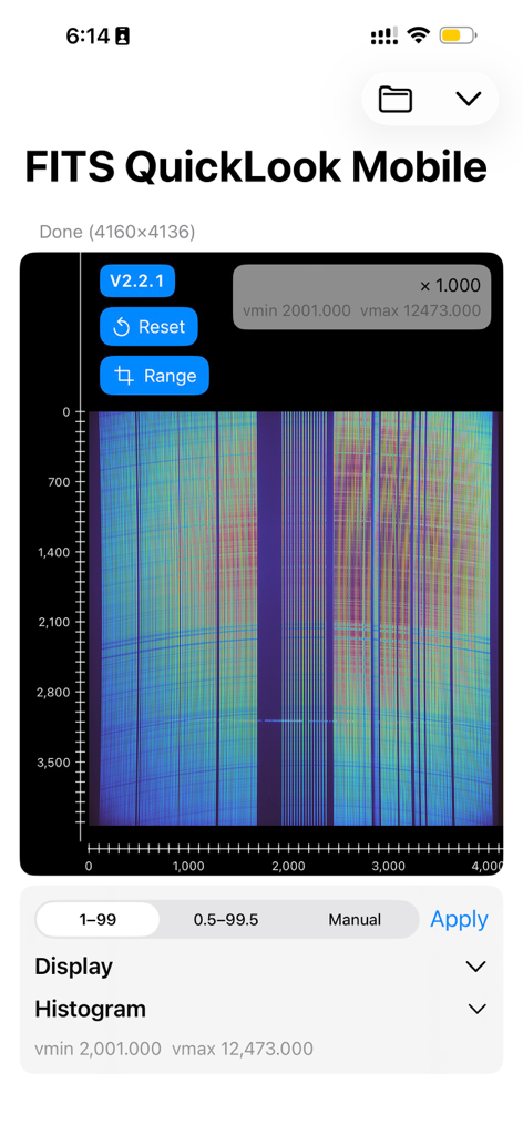 Interfaz de la aplicación FITS QuickLook Mobile mostrando datos de imágenes astronómicas y herramientas de inspección técnica
