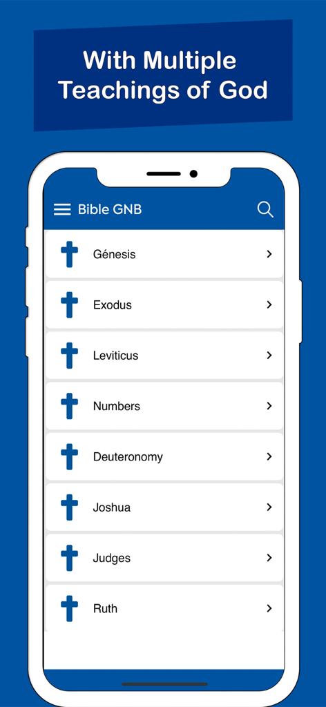 Pantalla de la aplicación Biblia en Buenas Nuevas GNB que muestra una lista de libros del Antiguo Testamento como Génesis y Éxodo.