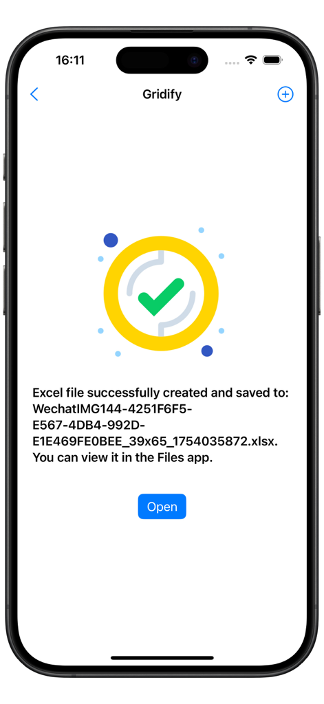 Gridify - Pixel Art Maker - Un mensaje de éxito en la aplicación Gridify confirmando que se ha creado y guardado un archivo de Excel de pixel art.