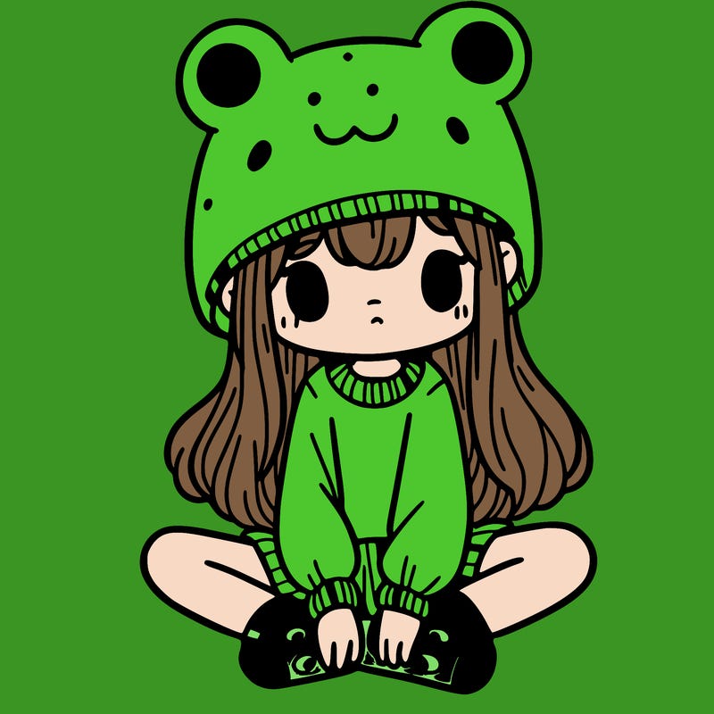 a girl wearing a frog hat and some frog socks