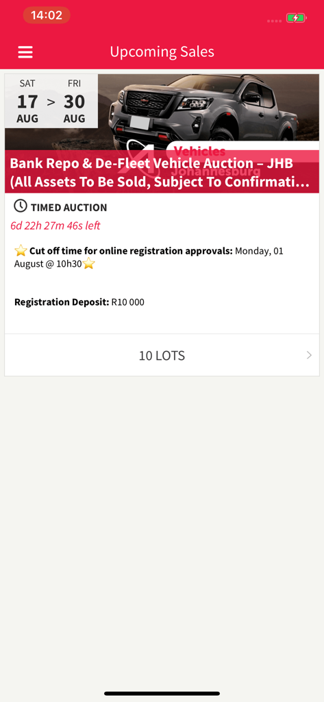 Aucorlive app interface showing an upcoming timed auction for bank repossessed vehicles.