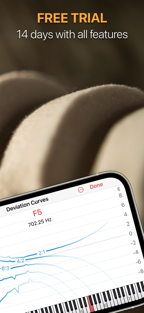 Pianoscope App Benutzeroberfläche, die professionelle Klavierstimmungs-Abweichungskurven und Informationen zur kostenlosen Testversion anzeigt.