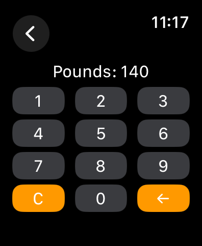 A numeric keypad on an Apple Watch screen for entering weight in pounds.