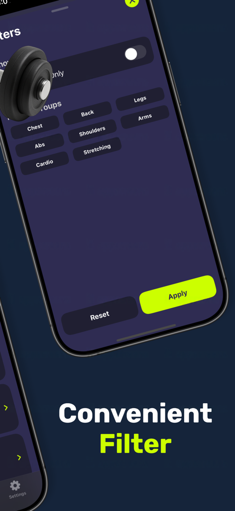 FitTrack Pro - Pantalla de filtros de ejercicios de la aplicación FitTrack Pro por grupos musculares como pecho y piernas
