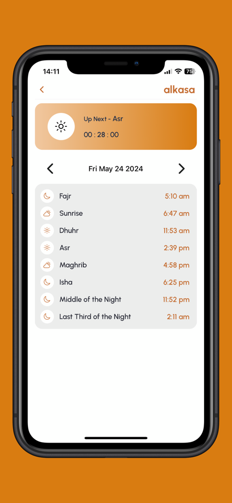 alkasa - Interface der alkasa App, das einen Zeitplan für islamische Gebetszeiten und einen Countdown für das bevorstehende Nachmittagsgebet (Asr) anzeigt.