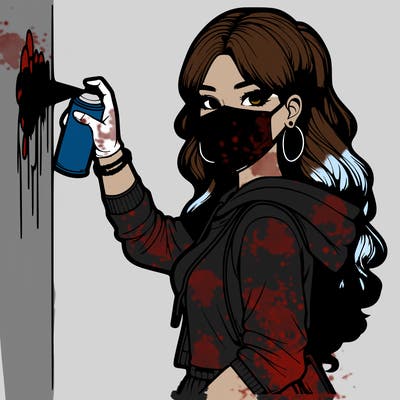 realistic girl with mask spray painting a wall