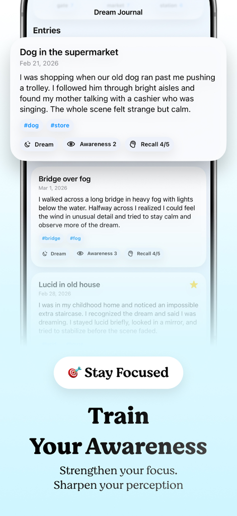 MILD Trainer: Lucid Dreaming - MILD Trainer app dream journal interface displaying awareness tracking and dream logs