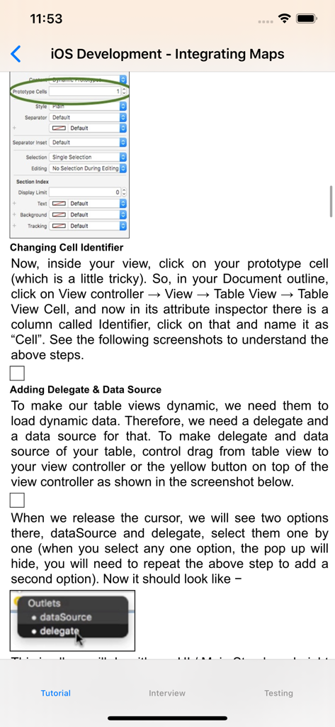 Pantalla de tutorial en la aplicación que muestra instrucciones para el desarrollo de iOS, incluyendo identificadores de celdas y conexiones de origen de datos