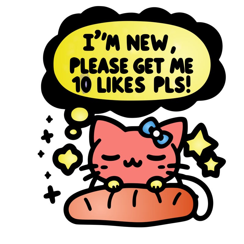 kitty taking a nap dream talking and saying "i'm new, please get me at least 10 likes pls!!"