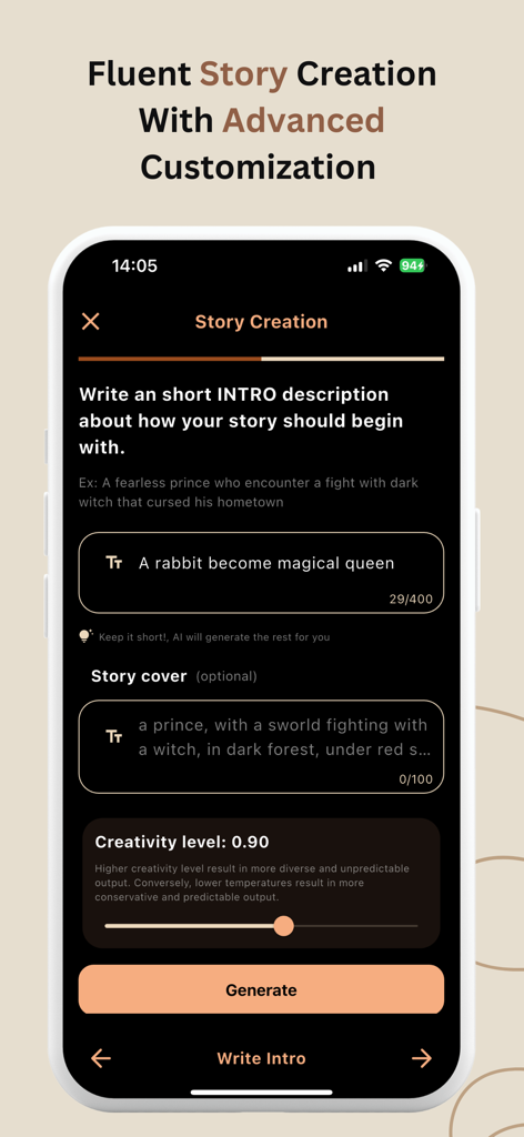 Captura de pantalla de la aplicación Novel AI que muestra la interfaz de creación de historias con indicación de introducción y control deslizante de creatividad