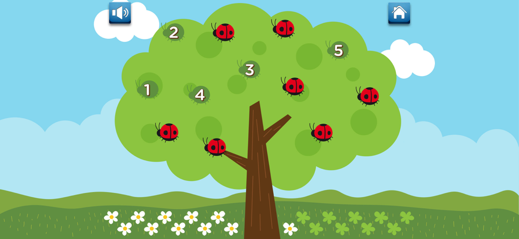 Count, Sort and Match - Counting ladybugs game screen with numbers one to five on a green tree