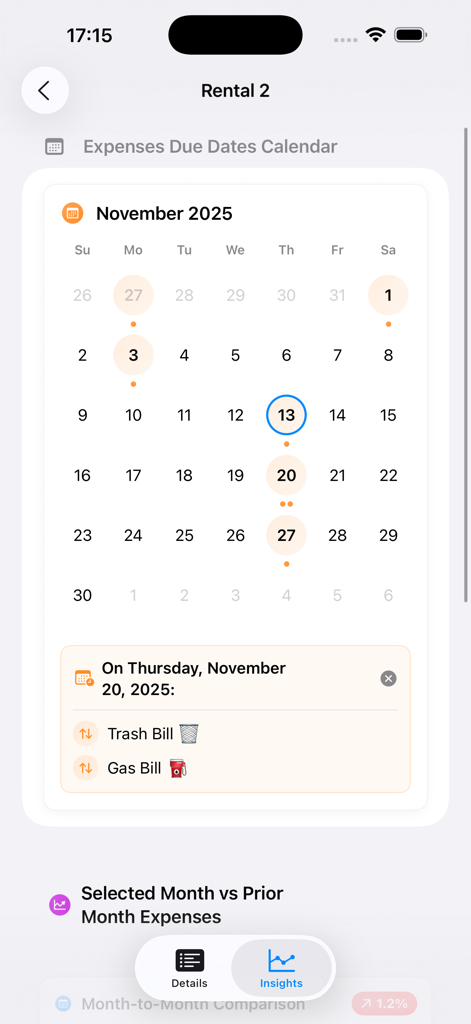 Rent Easy Ledger - Mobile app screen showing a calendar with due dates for rental expenses and bills