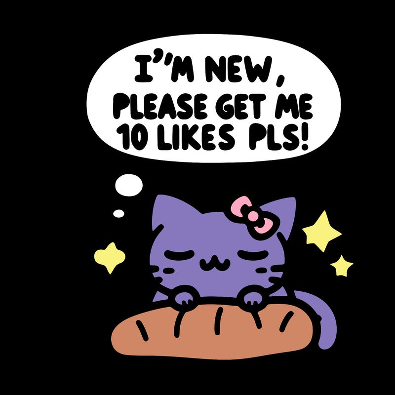 kitty taking a nap dream talking and saying "i'm new, please get me at least 10 likes pls!!"