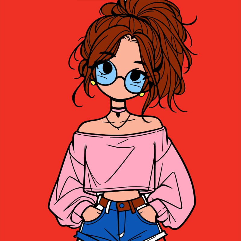 girl with a messy ponytail glasses a baggy crop top and jean shorts