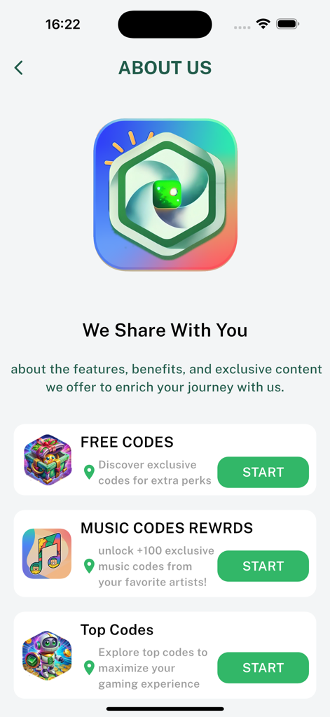 PlayBoost & Codes for Roblox - Interfaz de la aplicación PlayBoost que muestra funciones como códigos gratuitos y recompensas de música para Roblox
