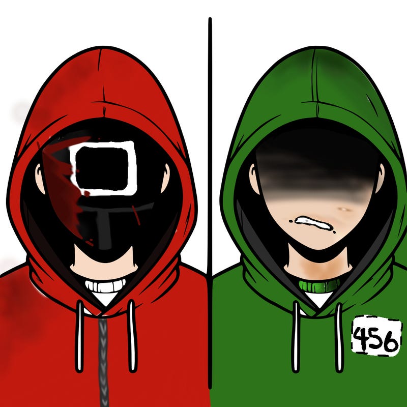 a person with a hoodie and no face, the drawing is split in 2