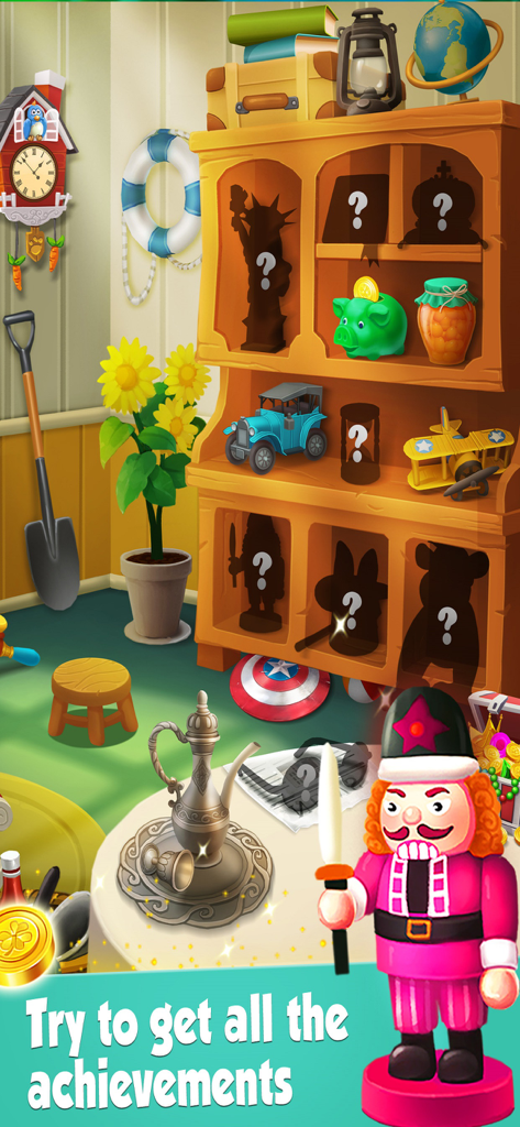 Coin Mania: Farm Dozer - A wooden shelf filled with various 3D collectibles and silhouettes of achievements to be unlocked in Coin Mania Farm Dozer.