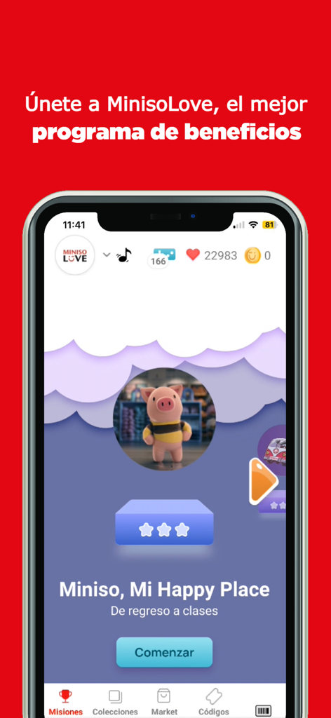 Miniso México - Interfaccia del programma fedeltà MinisoLove dell'app Miniso Italia che mostra un simpatico personaggio maiale e punti ricompensa