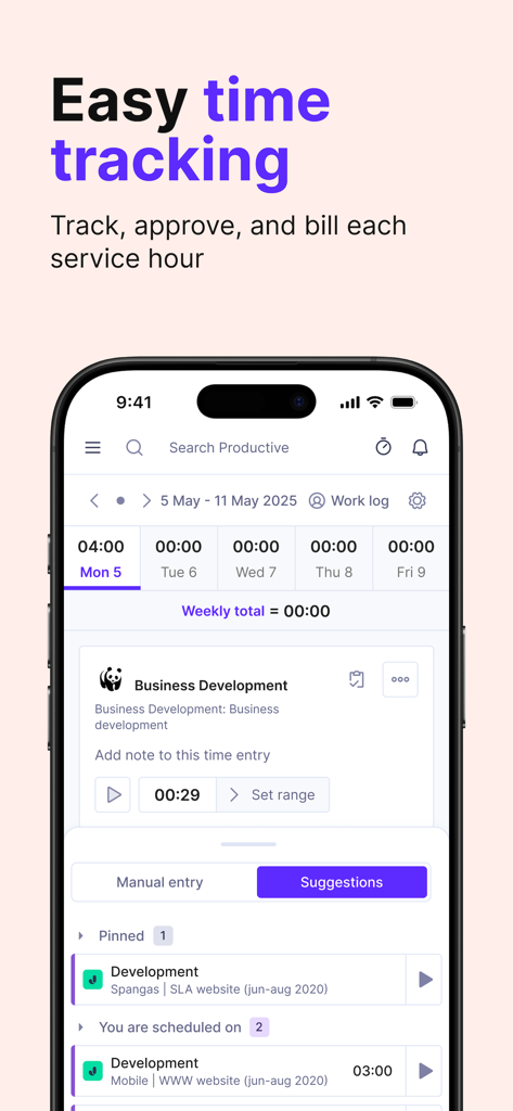 Productive.io mobile interface for tracking agency service hours and billing