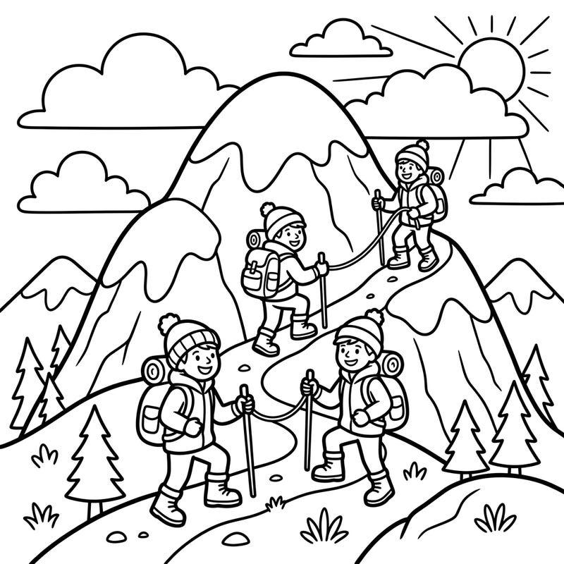 Spark your little one's imagination with this delightful coloring page featuring a team of happy toddler mountain climbers. Designed with thick lines and large areas, it's perfect for developing early coloring skills and fostering a love for adventure.