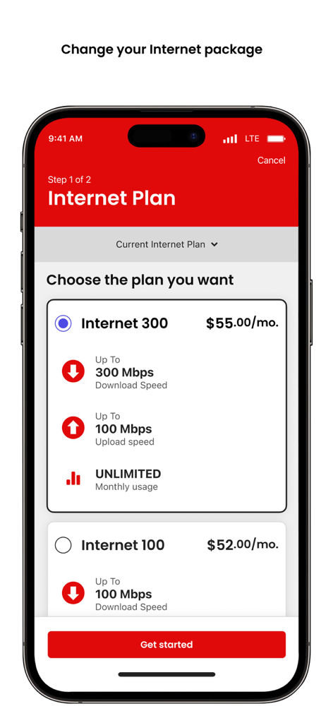 Tela móvel do aplicativo Minha Conta Virgin Plus mostrando diferentes opções de planos de internet com preços mensais e velocidades de download
