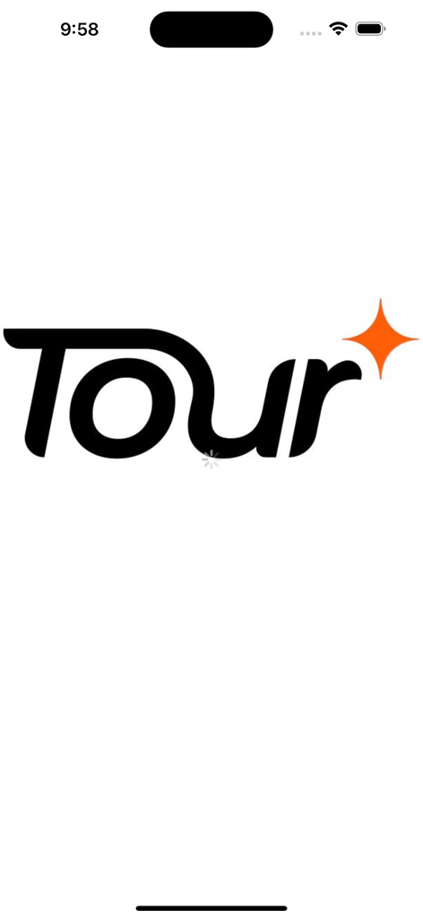 Tour - Schermata di avvio dell'app mobile Tour che mostra il logo e un'icona di caricamento su sfondo bianco.