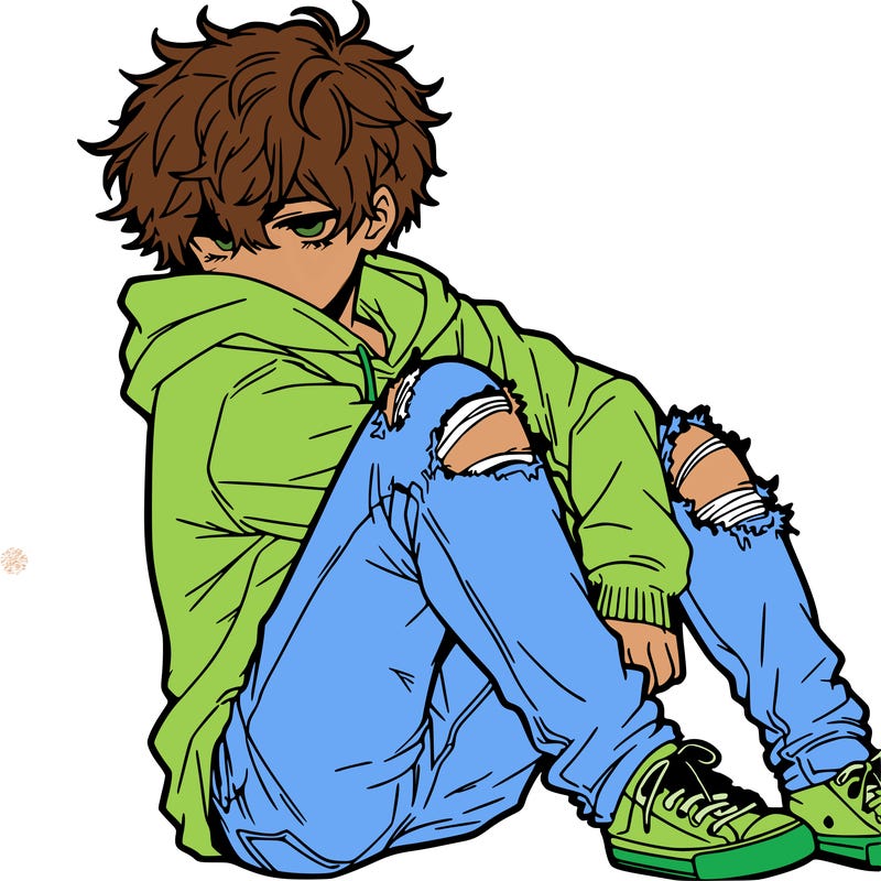 a male hoddie ripped jeans messy hair anime