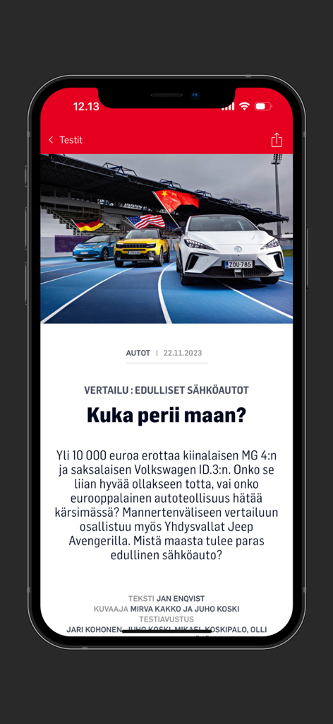 Tekniikan Maailma - A comparison article of affordable electric cars from China Germany and the USA in the Tekniikan Maailma app