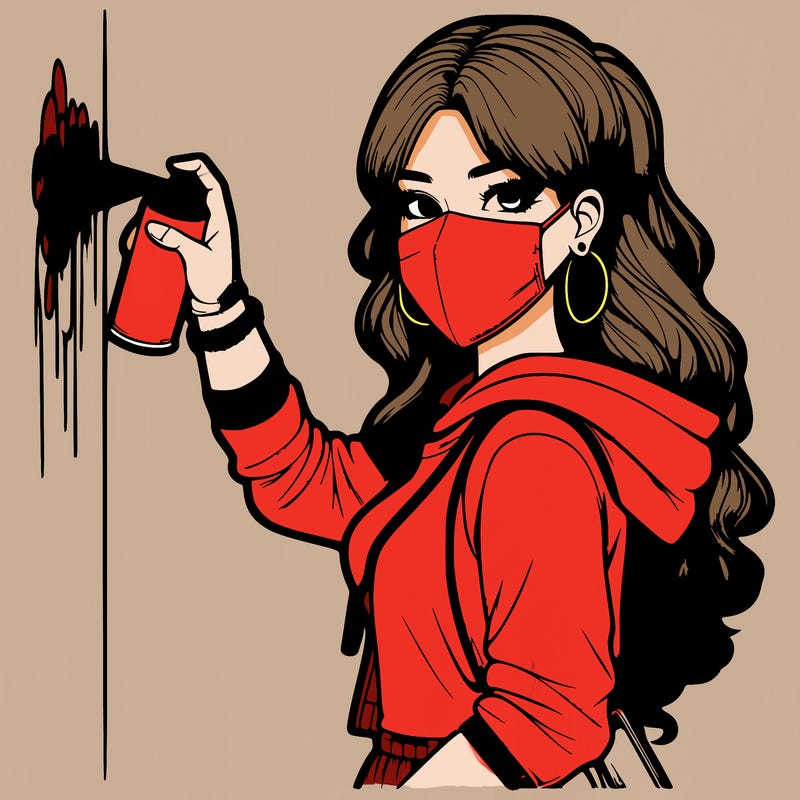 realistic girl with mask spray painting a wall