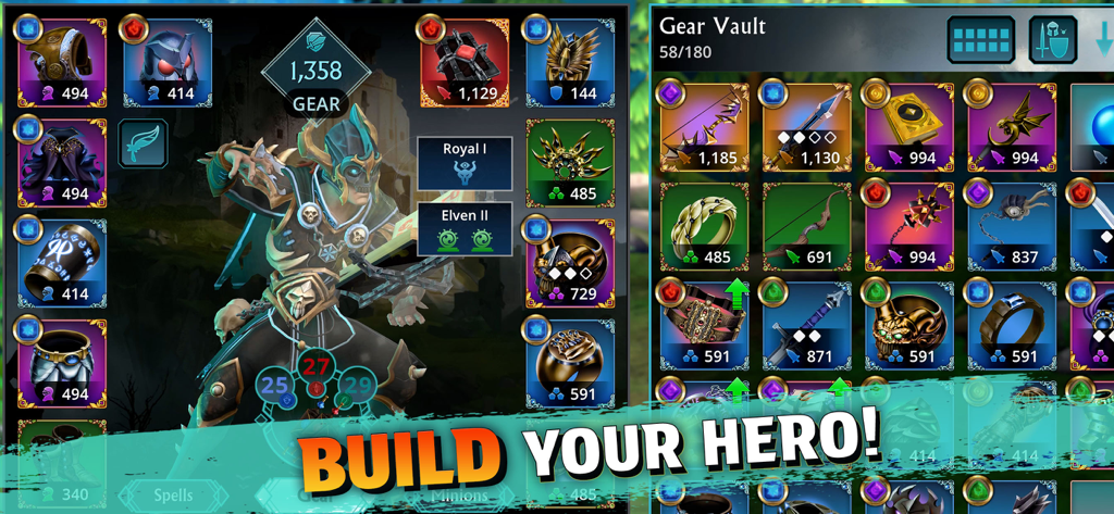 Personaje héroe siendo equipado con armadura y armas legendarias de la bóveda de equipo en Puzzle Quest 3