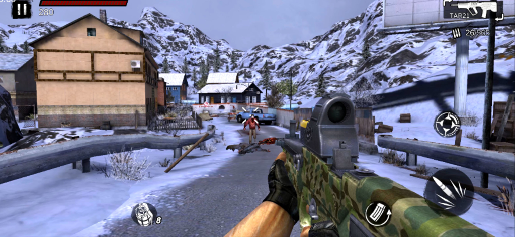 First person view of aiming a camouflage rifle at a zombie in a snowy environment