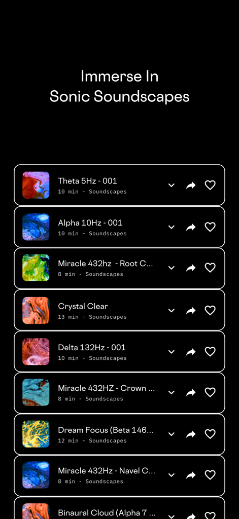 A list of sonic soundscapes and audio frequencies for breathwork sessions in The Breath Haus app