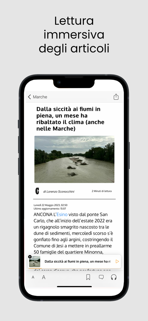 Schermata di lettura immersiva di notizie nell'app Corriere Adriatico Mobile.