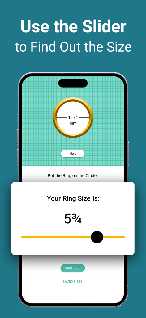 Ring Sizer & Tape Measure App - Una interfaz de aplicación móvil que muestra un medidor de anillos digital con un control deslizante para medir un anillo físico en la pantalla