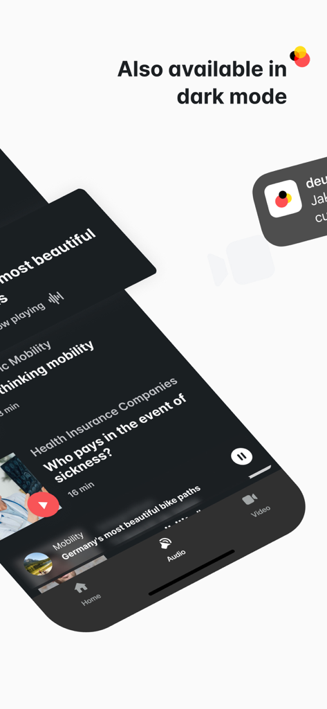 Screenshot of the deutschland.de app interface in dark mode displaying audio news articles about Germany