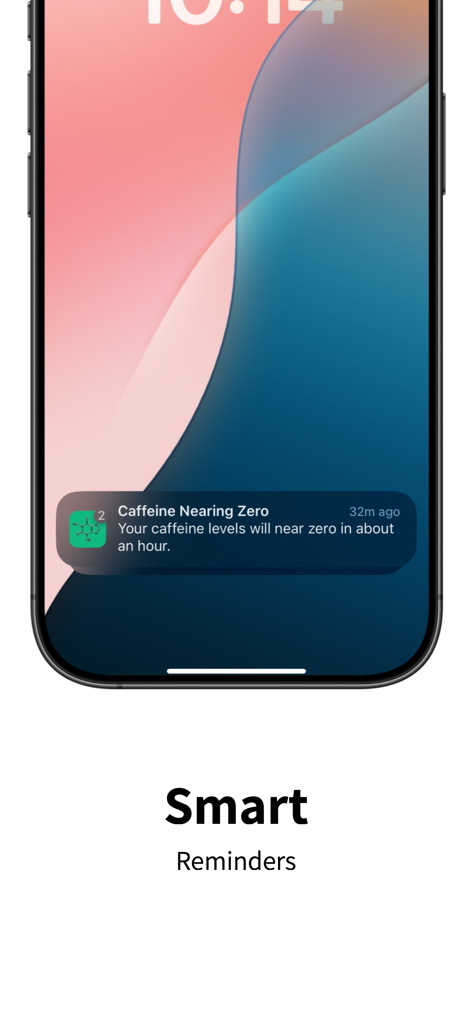 Caffeine Tracker App - Écran de verrouillage de l'iPhone affichant une notification intelligente de l'application Caffeine Tracker indiquant que les niveaux de caféine approchent de zéro.